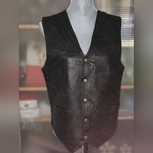 Navarre Leather Co. Men's Black Patchwork Leather Vest with Brass Buttons Unisex